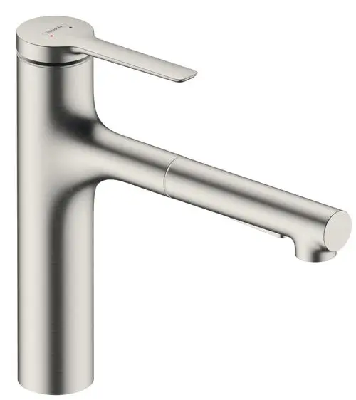Hochwertiger Küchenmischer von Hansgrohe in Edelstahl-Optik mit schwenkbarem Auslauf und funktionaler Ausziehbrause für verschiedene Strahlarten.